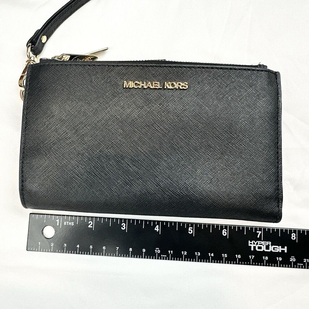 Michael Kors Jet Set Travel Large Saffiano Leather Double Zip Wristlet Black - Picture 7 of 8